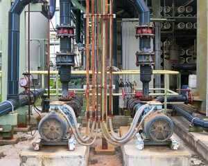 several water pumps with large electric motors and background industrial