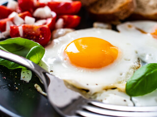 Continental breakfast - sunny side up eggs, toasts and vegetable salad
