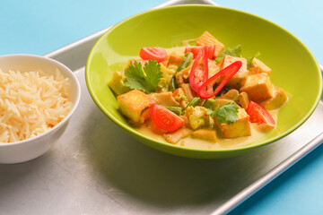 Fresh rice and chicken in gravy sauce with tomatoes, red pepper and green beans served in seperate plates on metal tray.