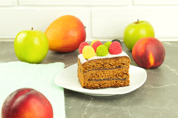 A piece of chocolate cake with shortcrust pastry nuts