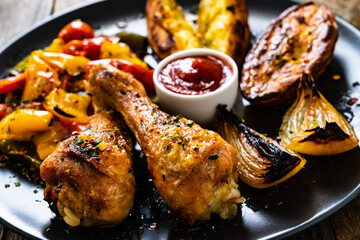 Barbecue chicken drumsticks with fried potatoes  vegetables on wooden table

