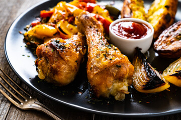 Barbecue chicken drumsticks with fried potatoes  vegetables on wooden table
