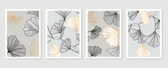 Fototapeta na wymiar Ginkgo leaves cover design background vector. Luxury Floral art deco. Gold natural wall art and pattern design. Vector illustration.