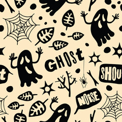 Happy Halloween. Seamless monochrome pattern with ghosts.