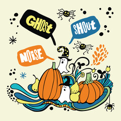 Happy Halloween. Bright poster, a card with ghosts, pumpkin, spiders.