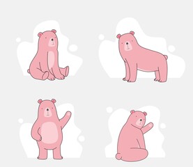 et of cute bear character standing, sitting, reading, cartoon vector illustration isolated on white background.