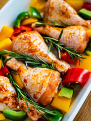 Marinated raw chicken drumsticks ready to roast
