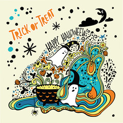 Happy Halloween. Bright poster, a card with ghosts, pumpkin, spiders.