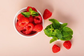 selective focus. fresh raspberries with mint