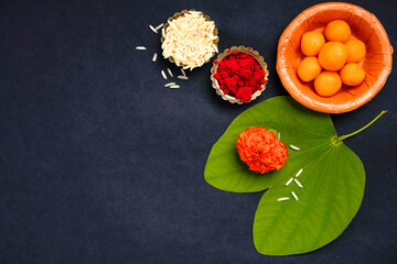 Indian festival dussehra , green leaf, rice and flowers
