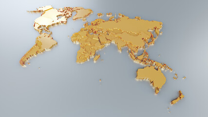 3d world map with golden continents ant countries on a grey background. Rendering