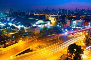 Fototapeta na wymiar Motion light speed car on highway in the city in Bangkok Thailand