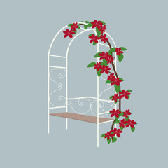 Vector illustration of a garden bench and clematis bush.