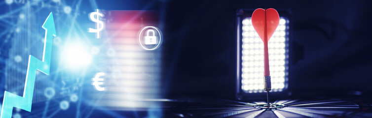 Darts. The dart for playing in the game board is stuck. Hit sector in darts. The concept of a successful strategy.