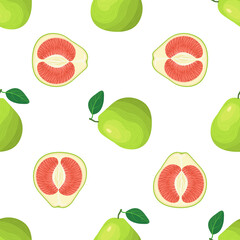 Seamless pattern with fresh bright exotic whole and cut slice pomelo fruit on white background. Summer fruits for healthy lifestyle. Organic fruit. Cartoon style. Vector illustration for any design.