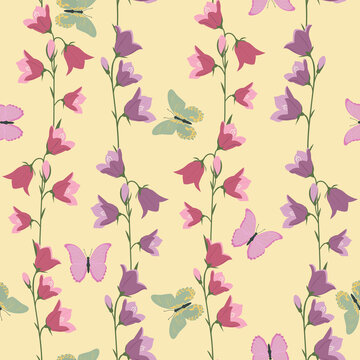 Seamless summer pattern with campanulas and butterflies