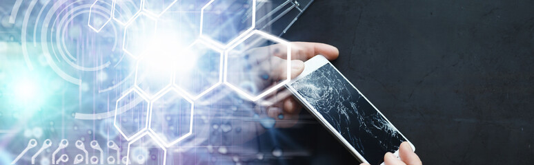 Smartphone with a broken touch screen. Mobile phone is broken. The phone crashed. Replacing broken glass on a cell phone. Smartphone repair.