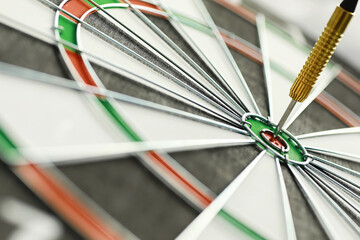 Darts. The dart for playing in the game board is stuck. Hit the sector in darts. The concept of a successful strategy.