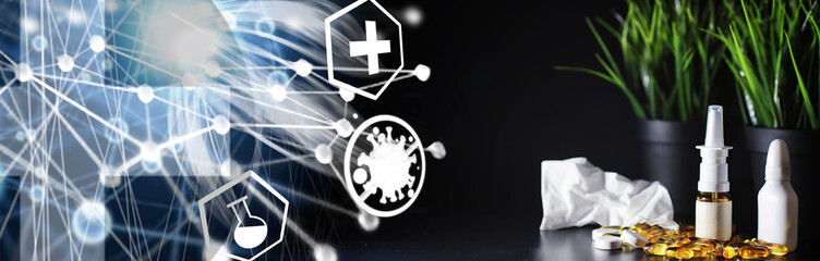 Composition from Bottles of cough syrup.Healthcare, medicine, flu and treatment concept - paper wipes and thermometer with pills.