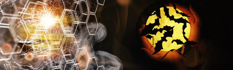 Black silhouettes of bats on a background of the moon. Halloween concept. Scary background. Frightening abstract objects for Halloween.