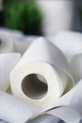 Toilet paper in a roll. Snow-white soft three-layer toilet paper. Lack of hygiene products. Primary protection and disinfection.