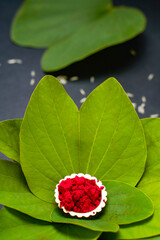 Indian Festival Dussehra , green leaf and rice