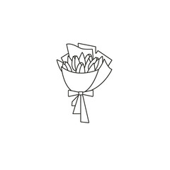 Tulip flower stylish bouquet wrapped in paper - flat thin line icon on isolated white background.