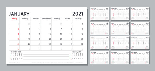 Planner 2021. Week starts Sunday. Calendar template. Vector. Table schedule grid. Yearly stationery organizer with 12 month. Calender layout. Horizontal monthly corporate diary. Simple illustration. - obrazy, fototapety, plakaty