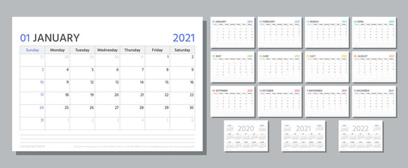 Planner 2021. Week starts Sunday. Calendar template. Vector. Yearly stationery organizer. Table schedule grid. Calender layout with 12 month. Horizontal monthly corporate diary. Simple illustration.