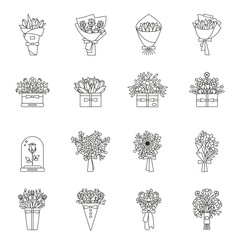 Set of flower bouquet flat outline icons. Collection of line flowers in wrapping paper and boxes. Bunch of roses, tulips, wildflowers in thin linear design. Floral composition vector illustration.