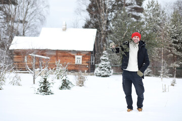 A man with a cut Christmas tree on street. Preparation for the new year.
