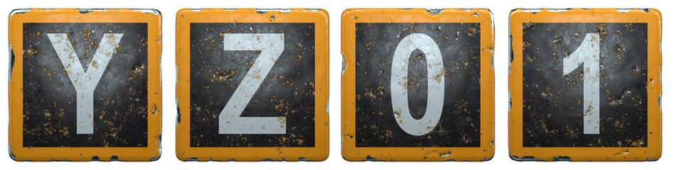 Public road sign orange and black color with a capital set of letters Y, Z and number 0, 1 in the center isolated on white background. 3d