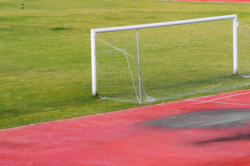 Football goals in a stadium with fresh green grass
