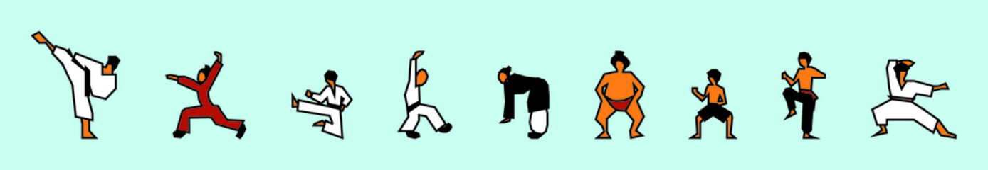 set of asian martial arts. cartoon icon design template with various models. vector illustration