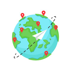 Earth travel logo design. Paper plane vector. Paper plane
on earth.