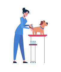 Illustration with a veterinarian who vaccinates a dog. Vaccination of pets. Vector in flat style isolated on white background.