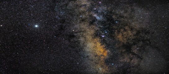 Saturn, Pluto and Jupiter close to one of the most beautiful parts of the Milky Way. To their right, starting from the top one can also see the M16 Eagle Nebula, M17 Omega Nebula, Sagittarius Star Clo