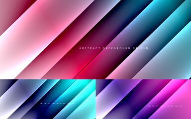 Dynamic diagonal lines abstract background set. Modern trendy techno templates with shadow lines on fluid gradients. Vector wallpaper designs