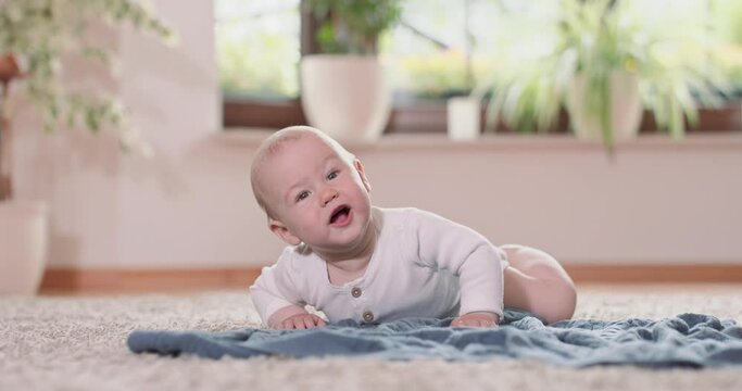 Close up of little baby crawling on the rug and blanket on the floor, rising at all four, and delicate falls on its face. White wall, window and green plants on background