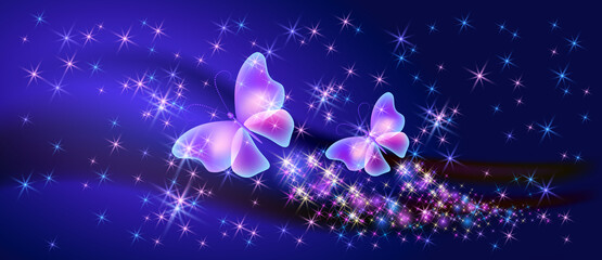 Fantasy fabulous butterflies with mystical wings and sparkle glowing stars