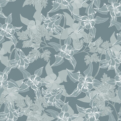 Fototapeta premium Seamless vector pattern with grayscale columbine flowers. T-shirt design, textiles, fabrics, covers, wallpapers, print, wrapping gift
