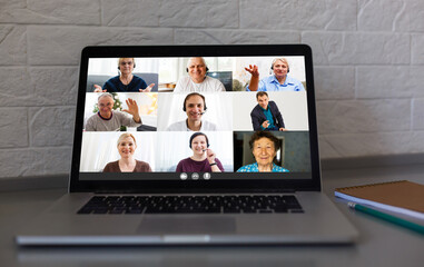 Fototapeta na wymiar Many portraits faces of diverse young and aged people webcam view, while engaged in videoconference on-line meeting. Group video call application easy usage concept