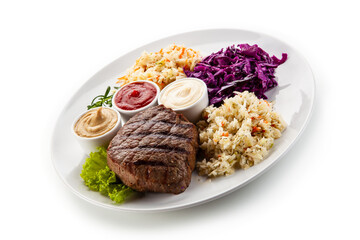 Barbecue beef steak with mix salad, mustard,  mayonnaise and ketchup on white background
