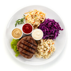 Barbecue beef steak with mix salad, mustard,  mayonnaise and ketchup on white background