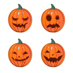 Hand drawn Vector illustrations with stupid, scared  jack o lantern, Halloween orange pumpkins isolated on a white background. Сute, laughing, sly, grinning faces. October party scary cartoon clipart.