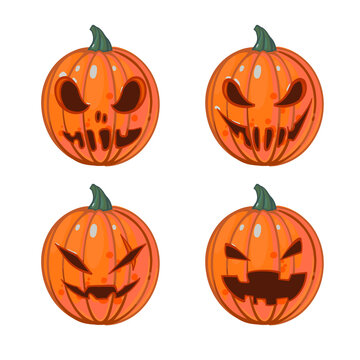 Set of Vector illustrations with sinister jack o lantern, Halloween orange pumpkins isolated on a white background. Hand drawn Angry, laughing, furious faces. October party scary cartoon clipart.