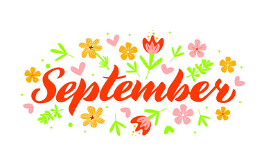 September - Hand drawn lettering month name. Handwritten month September for calendar, monthly logo, bullet journal or monthly organizer. Vector illustration isolated on white. EPS 10