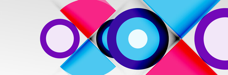 Bright color circles, abstract round shapes and triangles composition with shadow effects. Vector modern geometric design template