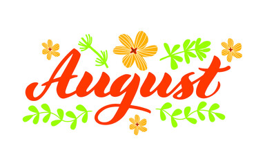 August - Hand drawn lettering month name. Handwritten month August for calendar, monthly logo, bullet journal or monthly organizer. Vector illustration isolated on white. EPS 10