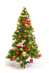 Obraz na płótnie Canvas Joyful studio shot of a Christmas tree with colorful ornaments, isolated on white